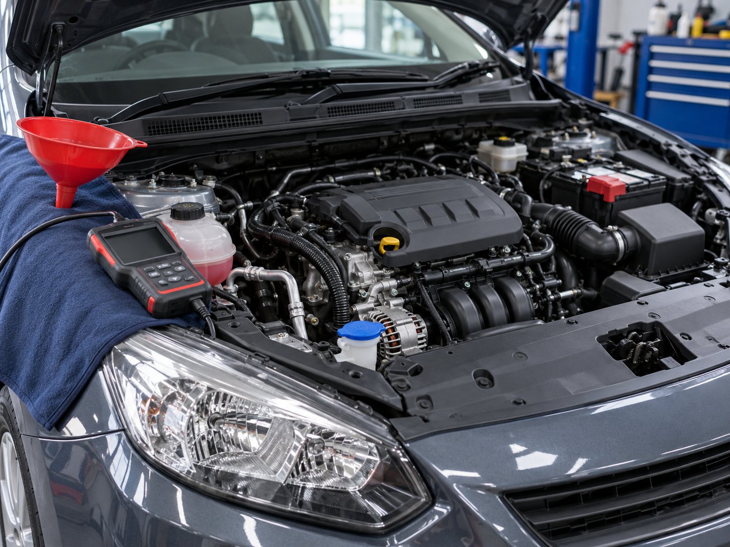 Compartiment moteur ouvert avec un outil de diagnostic (illustration)