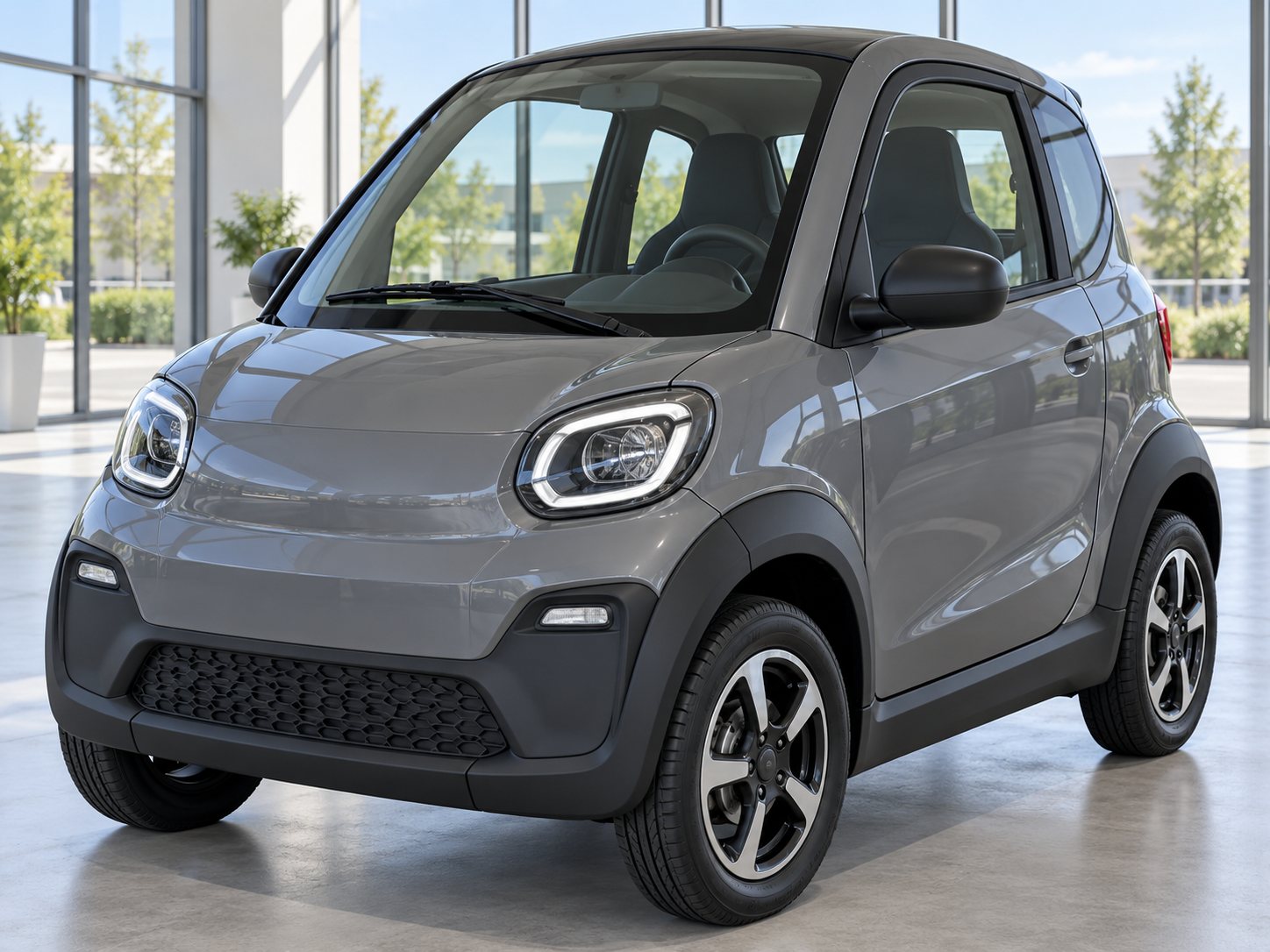 Petite voiture sans permis grise en exposition (illustration)
